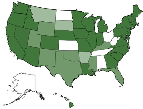 Map of US showing LED lighting rebate availability