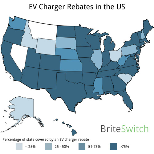 Map of US showing EV charger rebate coverage