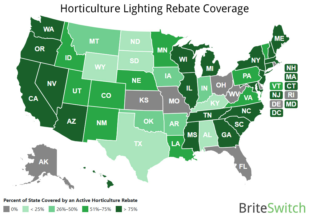 map of US with horticulture rebates