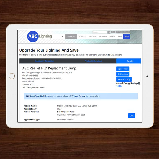 Lighting Rebate Finder displayed on a tablet