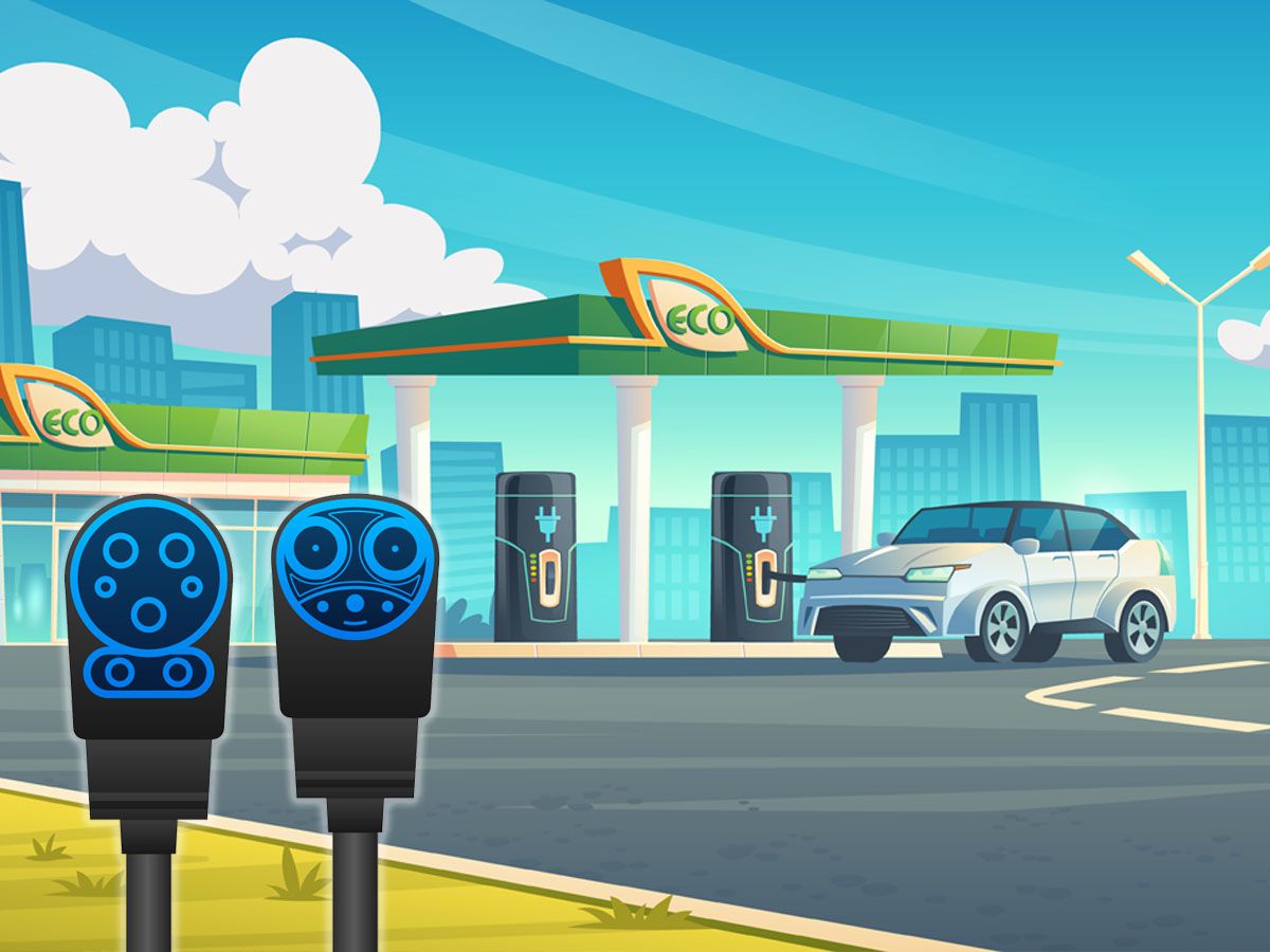 ev at a station with NACS and CCS ports illustration