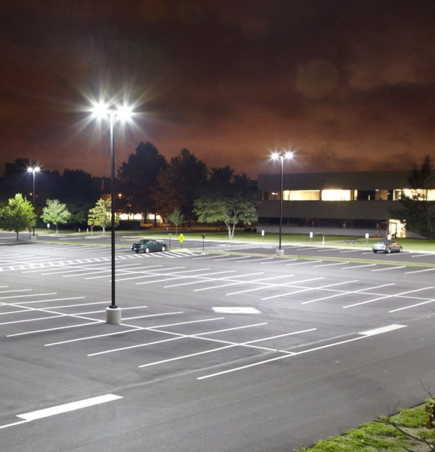 LED pole lights in office parking lot