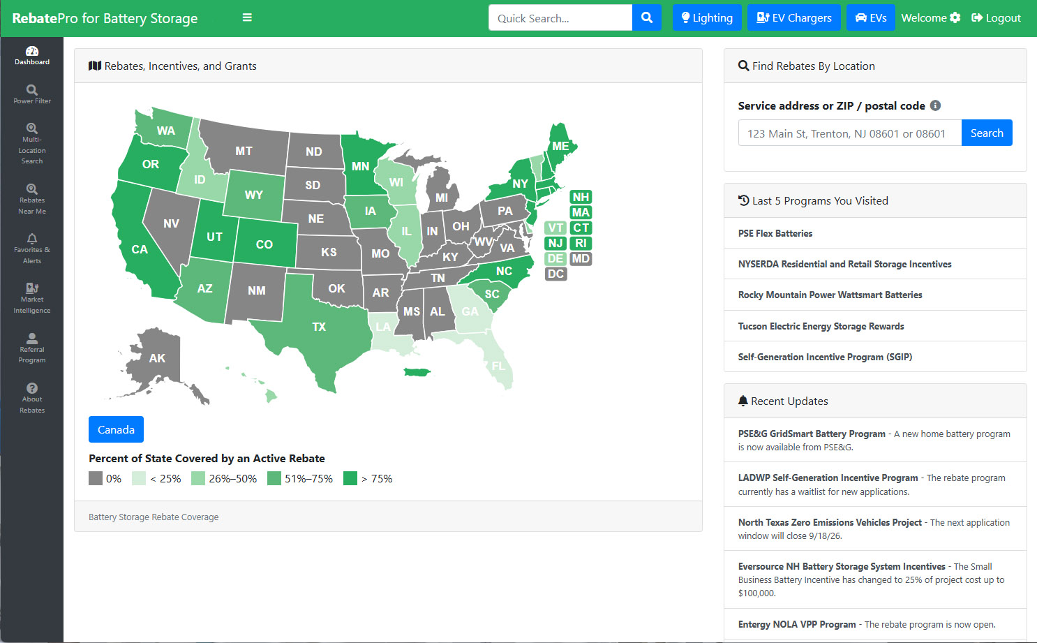 RebatePro for Battery Storage dashboard showing incentive coverage and program updates