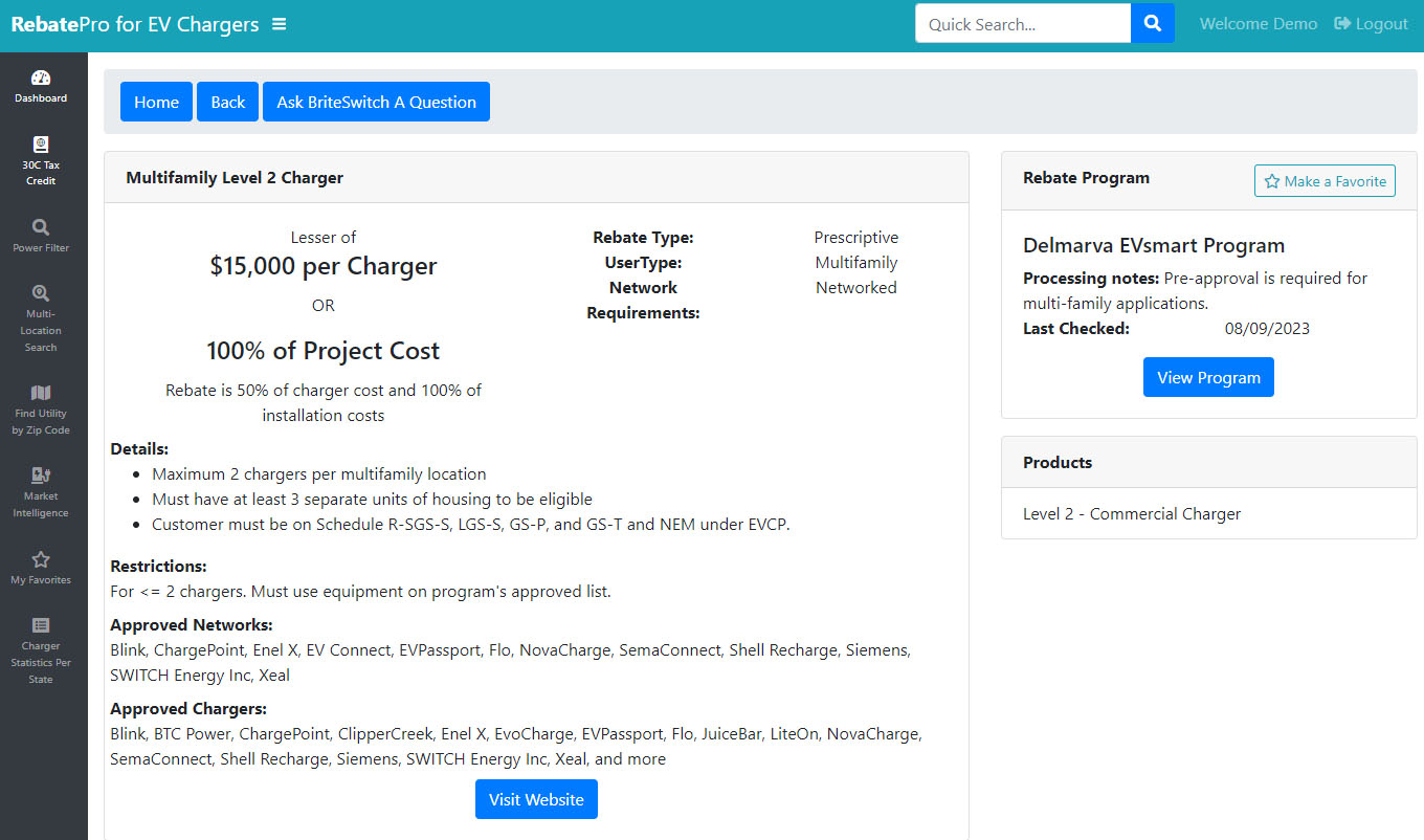 screenshot of RebatePro for EV Chargers
