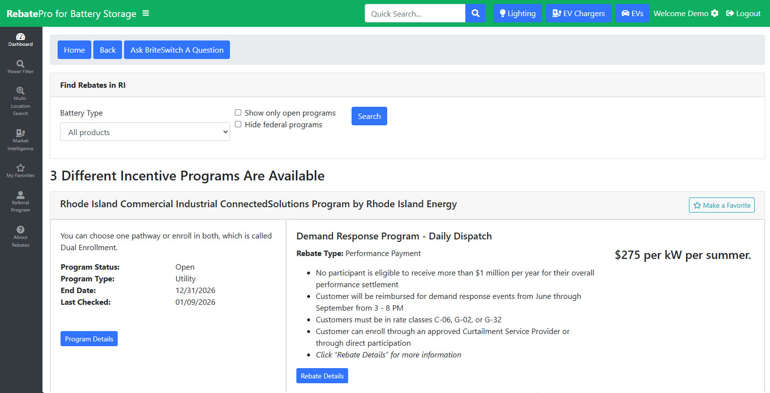 RebatePro for Battery Storage Zip Code Lookup Screenshot