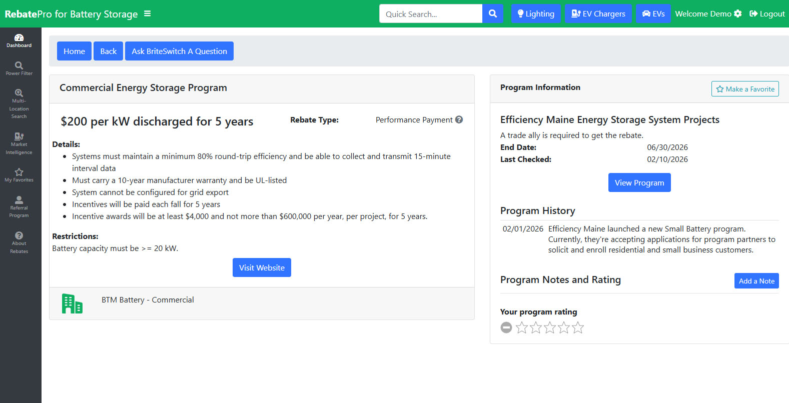 RebatePro for Battery Storage Incentive Details Screenshot
