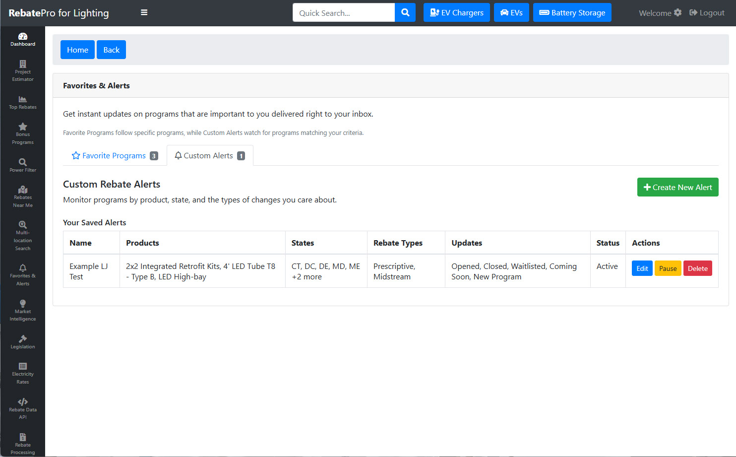 RebatePro for Lighting favorites and alerts