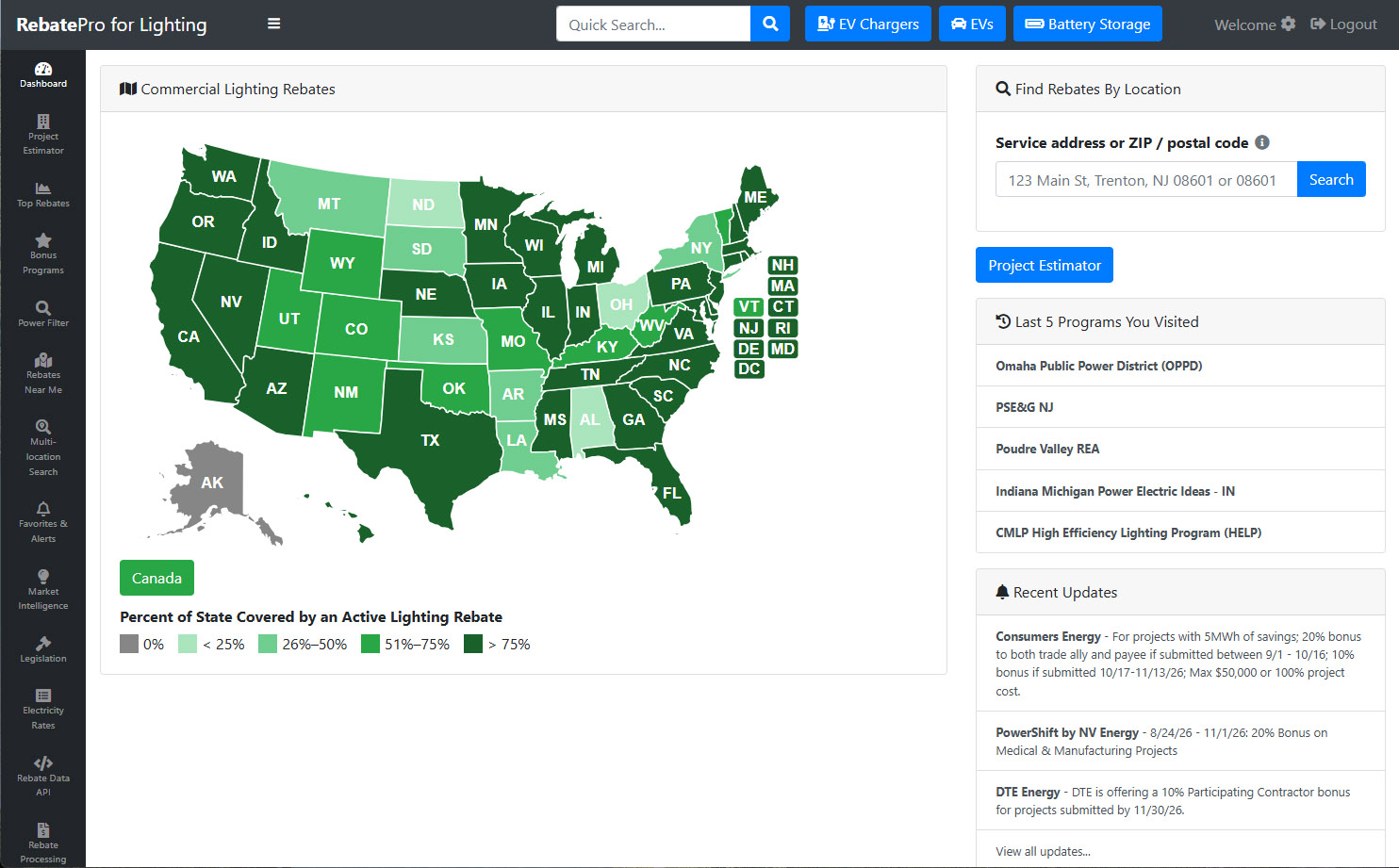 RebatePro for Lighting dashboard showing rebate coverage and recent program updates