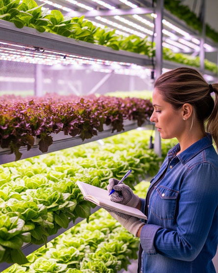 woman inspecting lettuce under horticulture lighting in greenhouse